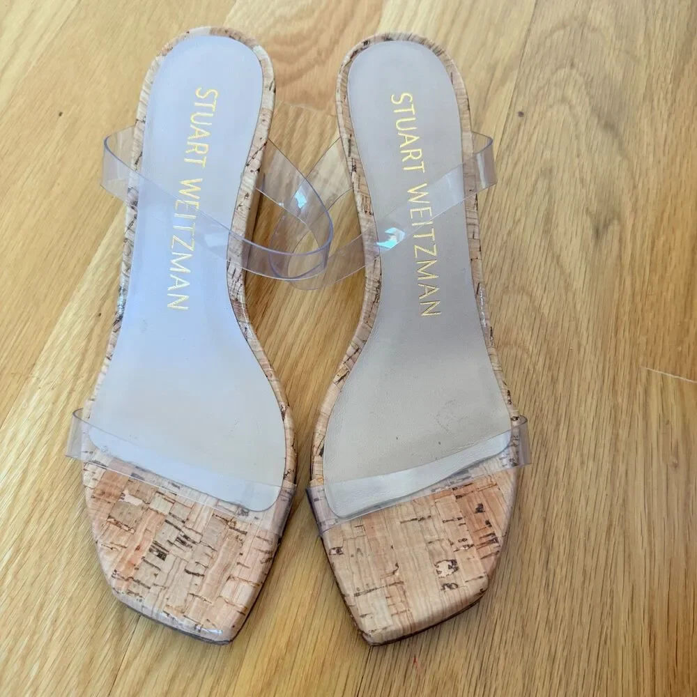 Stuart Weitzman Clear PVC Strap Cork Wedge Sandals - Picture 3 of 7